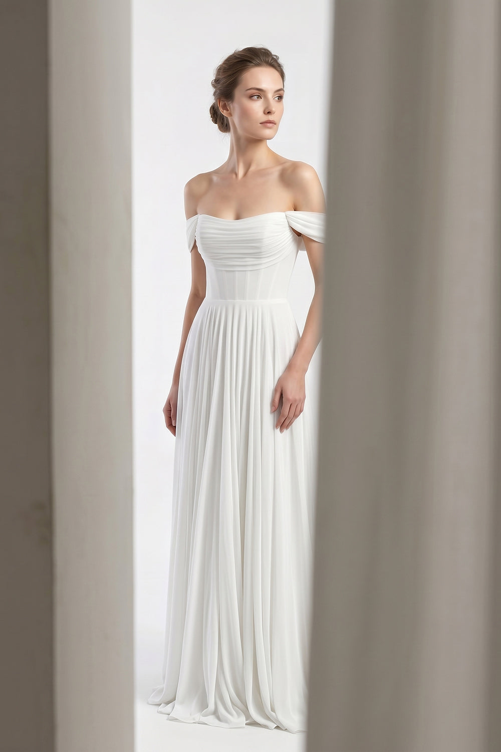 Off-the-Shoulder Corset Chiffon Wedding Dress Flowy A-Line Bridal Gown with Train