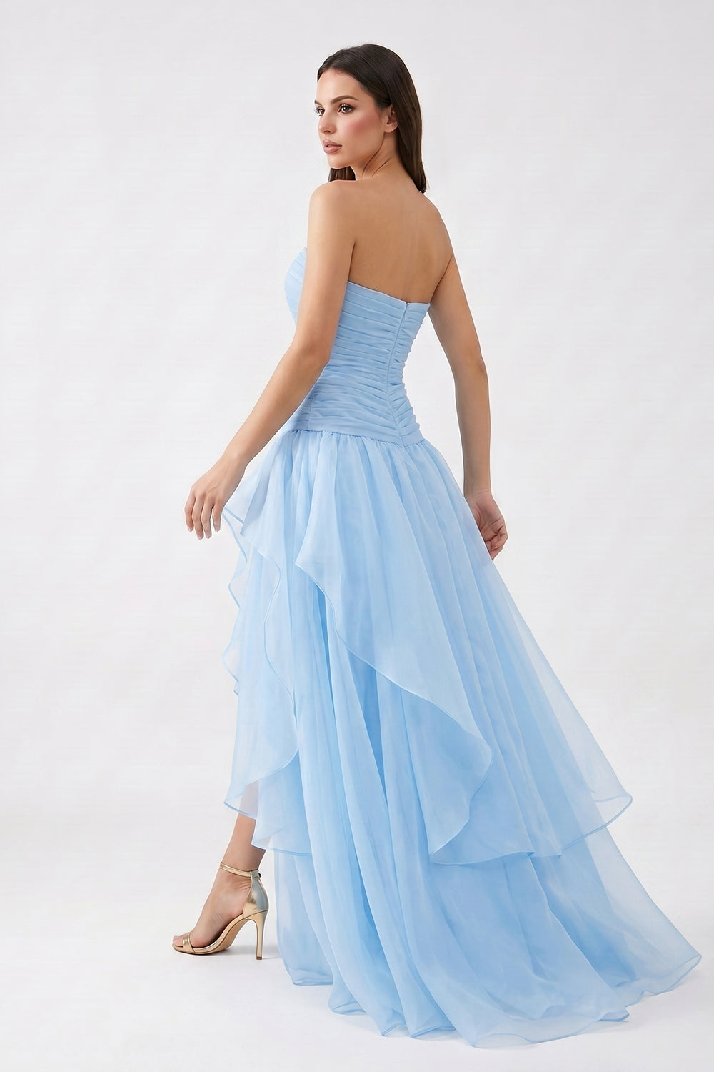 Light Blue Strapless Ruched Chiffon Bridesmaid Dress | Tiered Slit Formal Gown