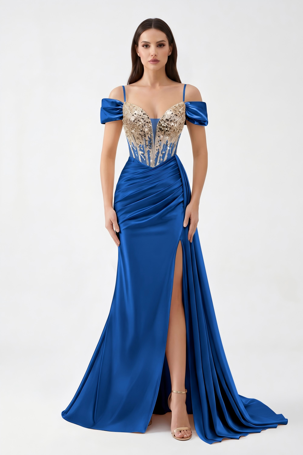 Beaded Corset Satin Mermaid Evening Gown - Off-Shoulder & High Slit
