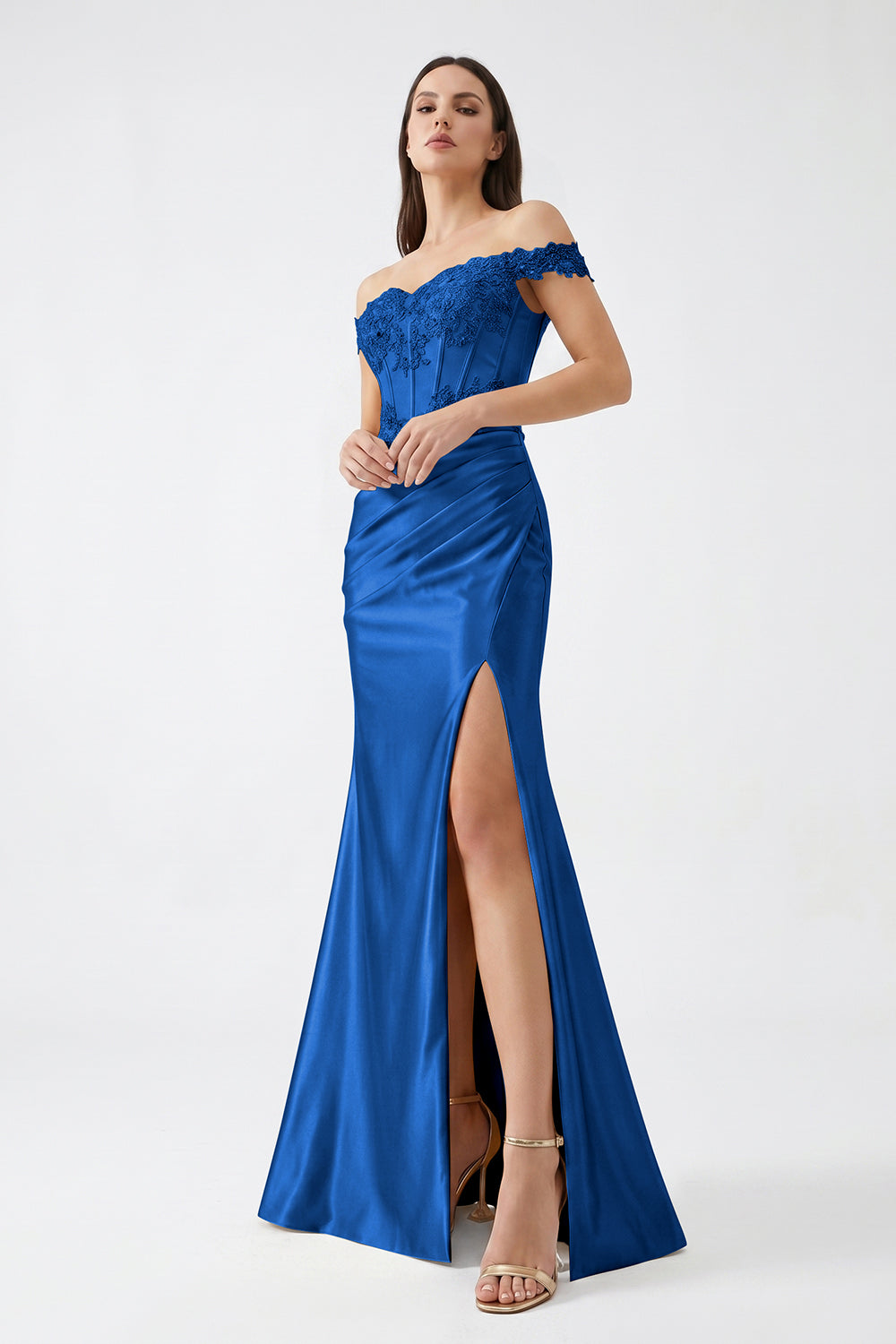 Champagne Off-Shoulder Lace Corset Satin Bridesmaid Dress | Slit Mermaid Formal Gown