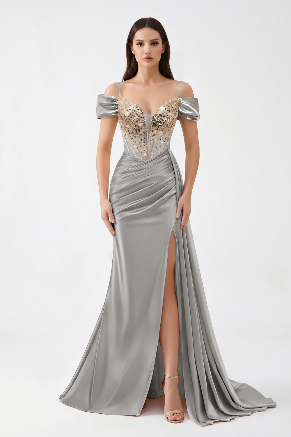 Beaded Corset Satin Mermaid Evening Gown - Off-Shoulder & High Slit