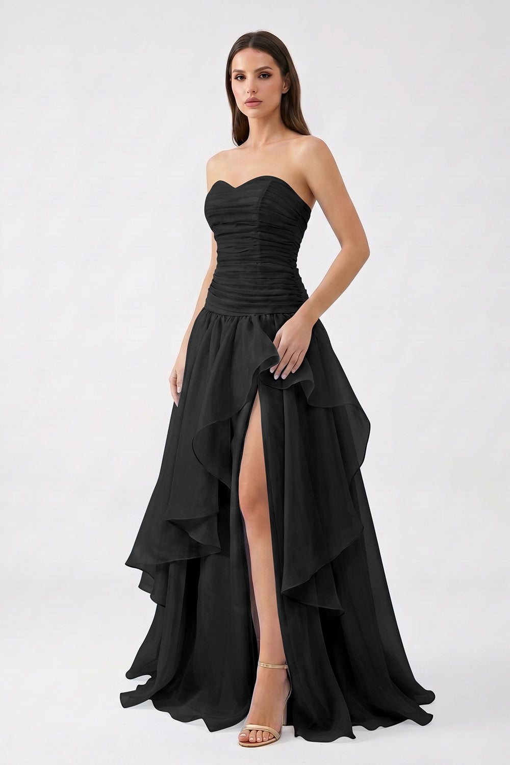 Light Blue Strapless Ruched Chiffon Bridesmaid Dress | Tiered Slit Formal Gown