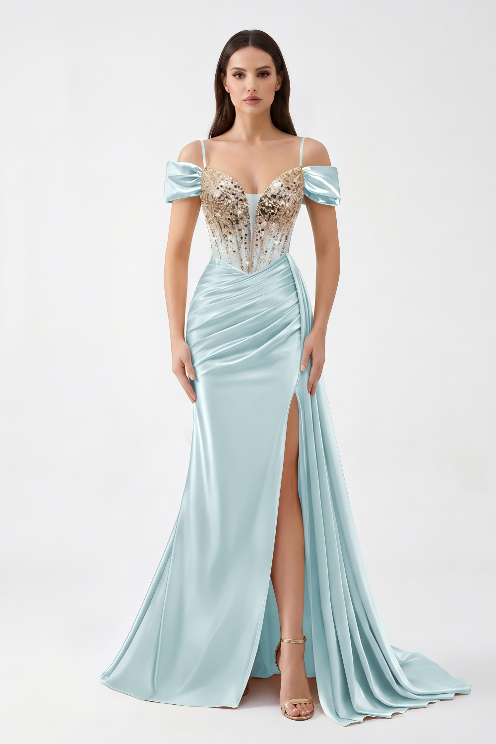 Beaded Corset Satin Mermaid Evening Gown - Off-Shoulder & High Slit