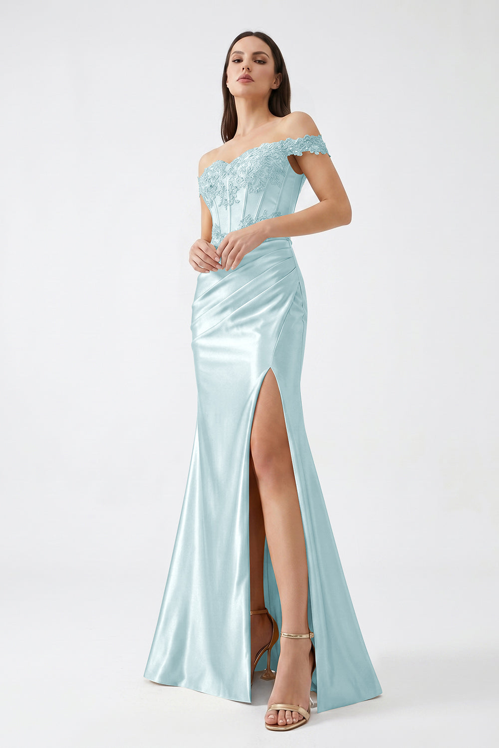 Champagne Off-Shoulder Lace Corset Satin Bridesmaid Dress | Slit Mermaid Formal Gown