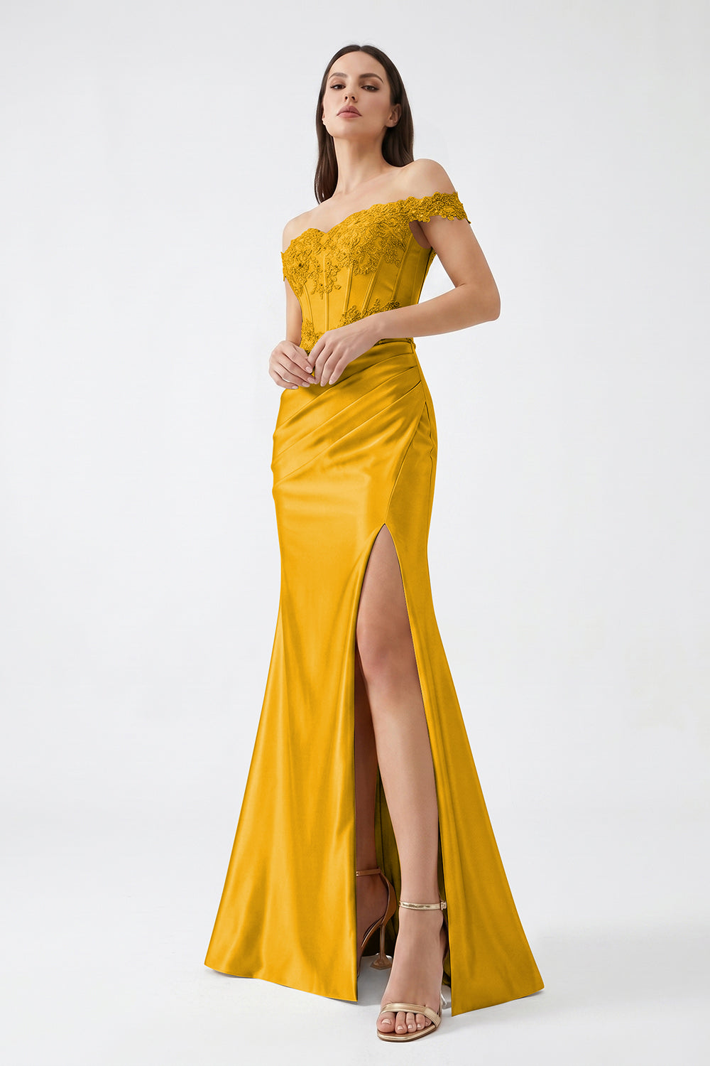 Champagne Off-Shoulder Lace Corset Satin Bridesmaid Dress | Slit Mermaid Formal Gown