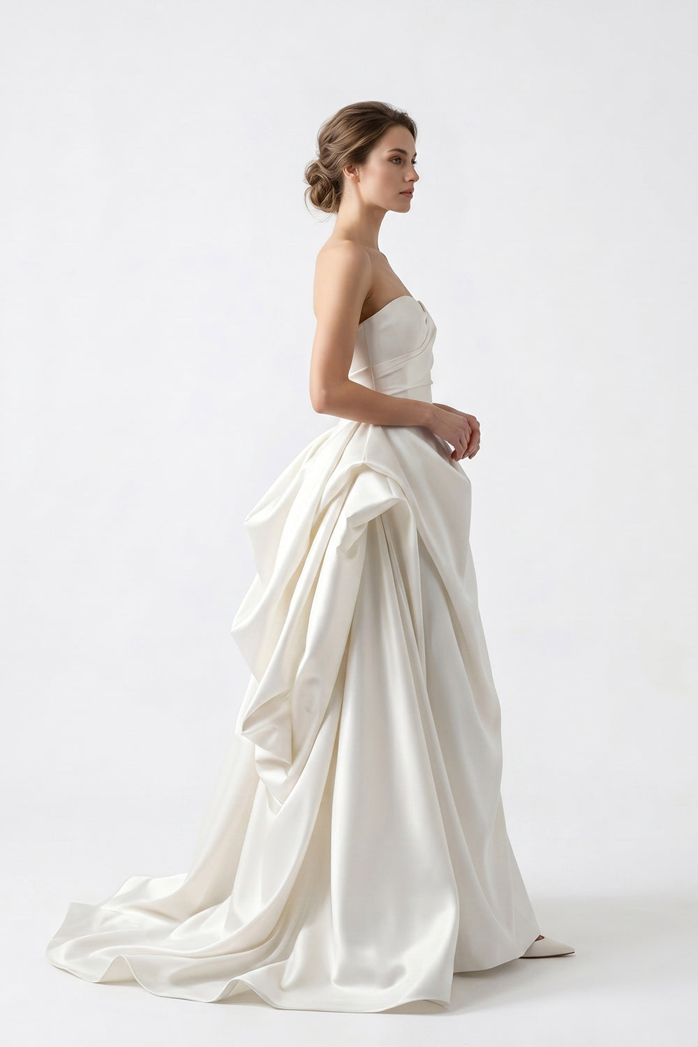 Strapless Sweetheart Satin Wedding Dress with Dramatic Draped Skirt & Train