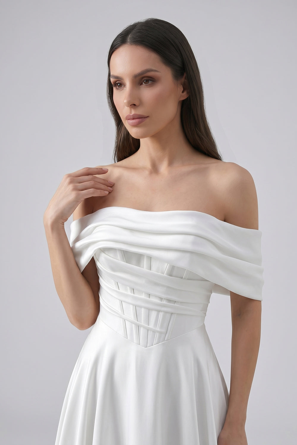 Off-the-Shoulder Chiffon A-Line Wedding Dress | Corset Bodice Bridal Gown with Train