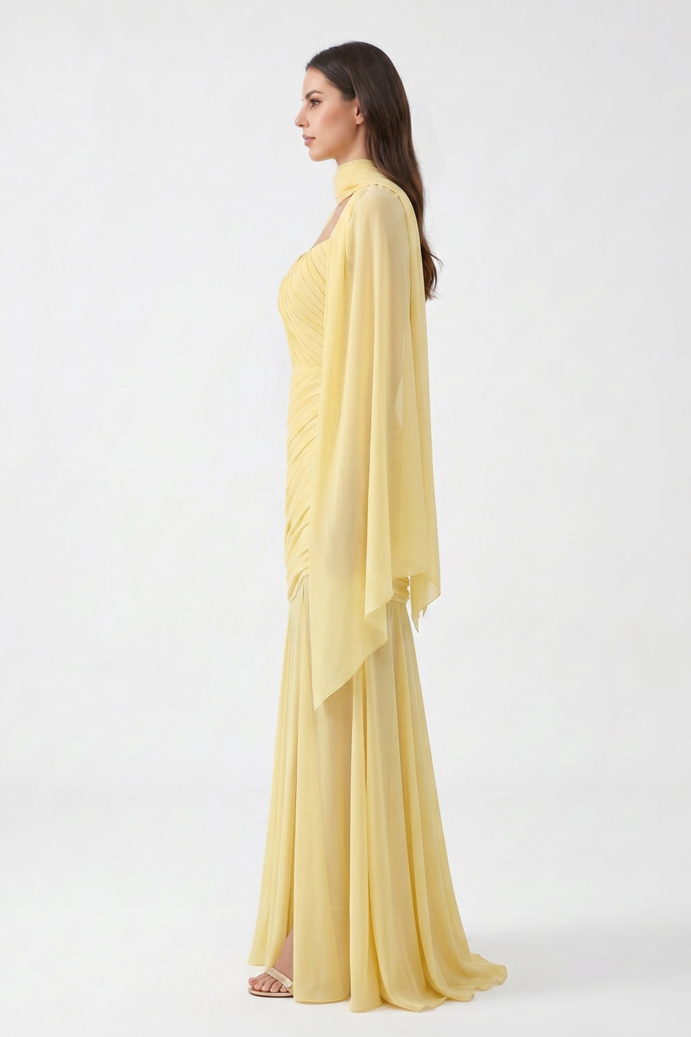 Yellow Cape Sleeve Ruched Chiffon Bridesmaid Dress | Slit Mermaid Formal Gown