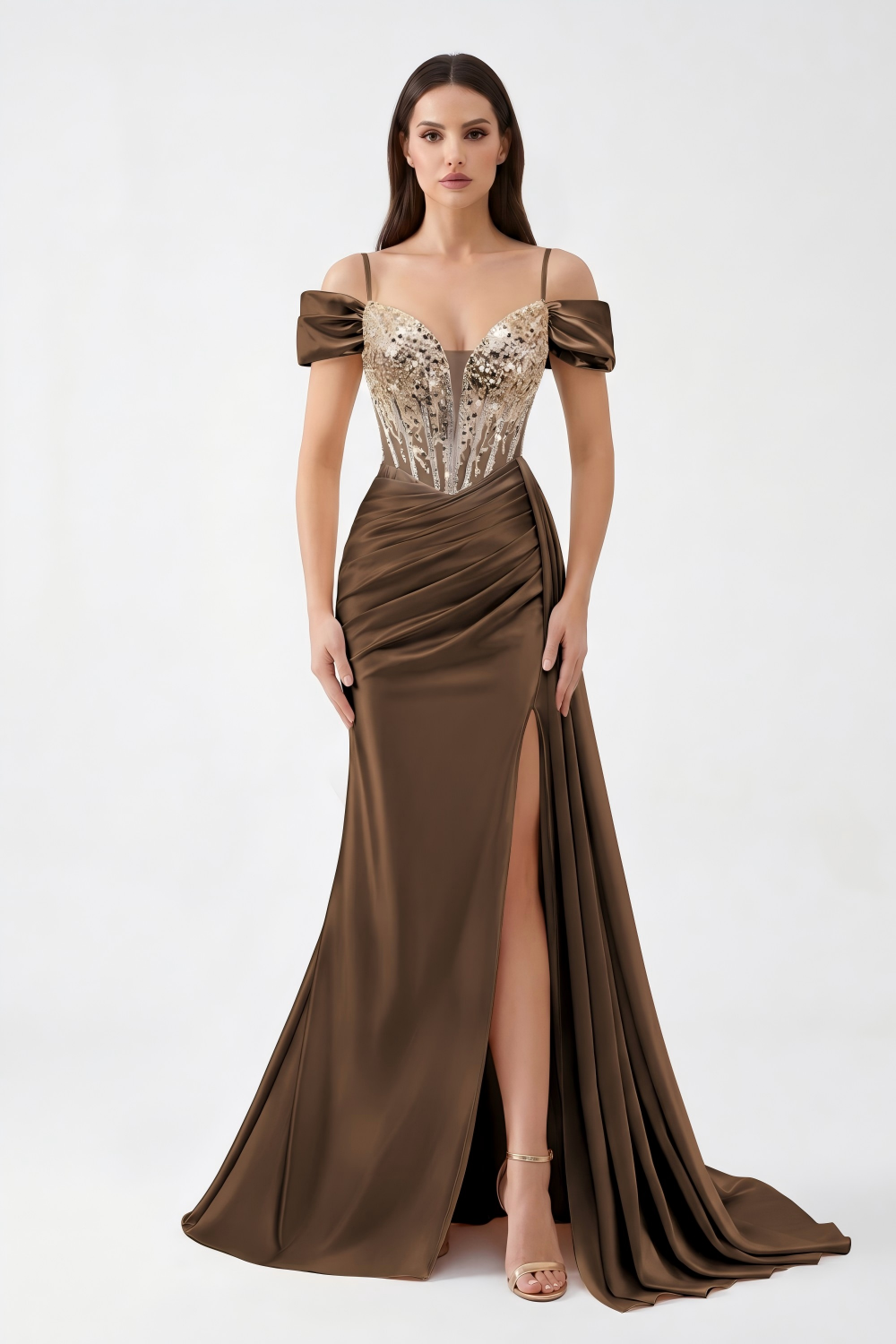 Beaded Corset Satin Mermaid Evening Gown - Off-Shoulder & High Slit