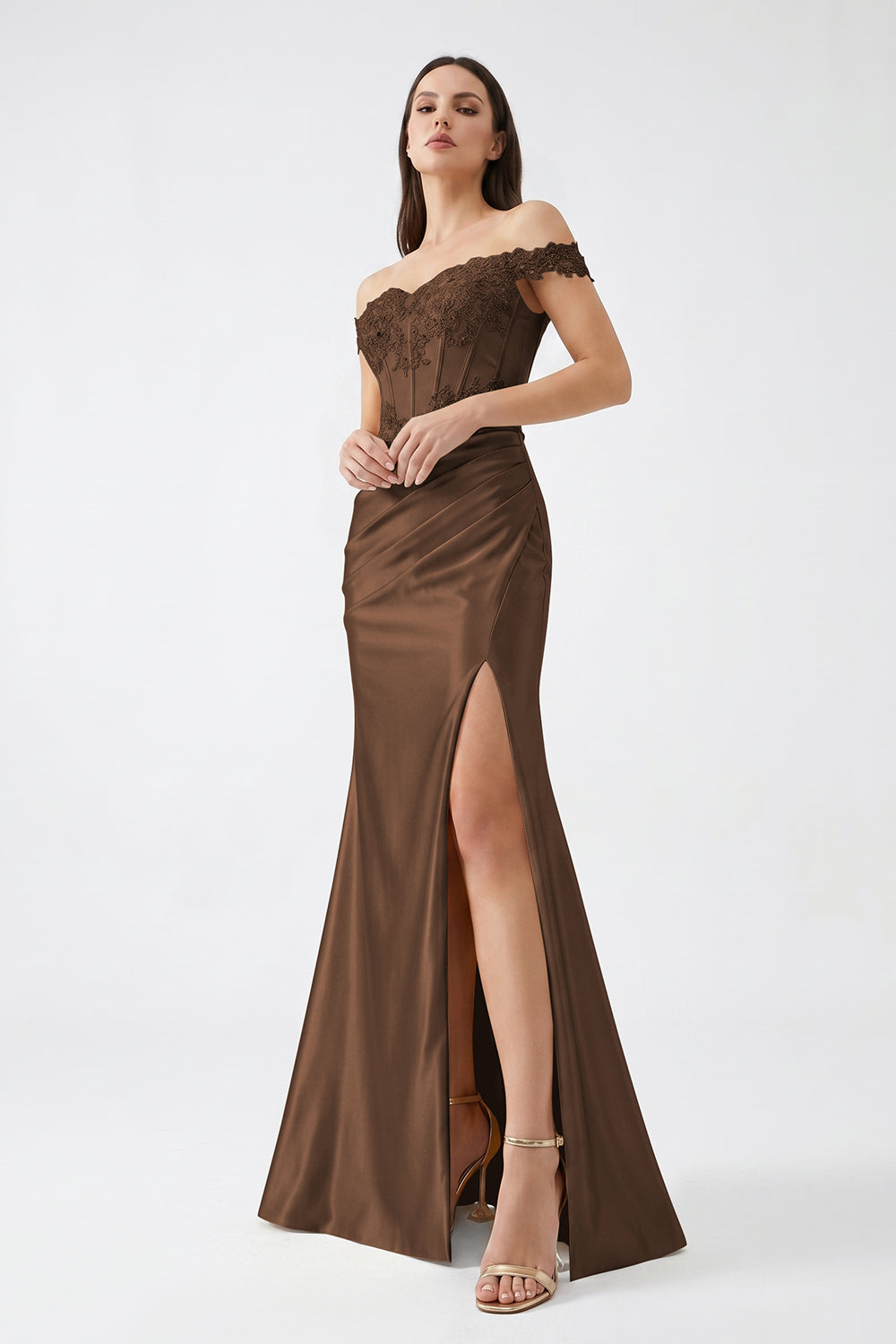 Champagne Off-Shoulder Lace Corset Satin Bridesmaid Dress | Slit Mermaid Formal Gown