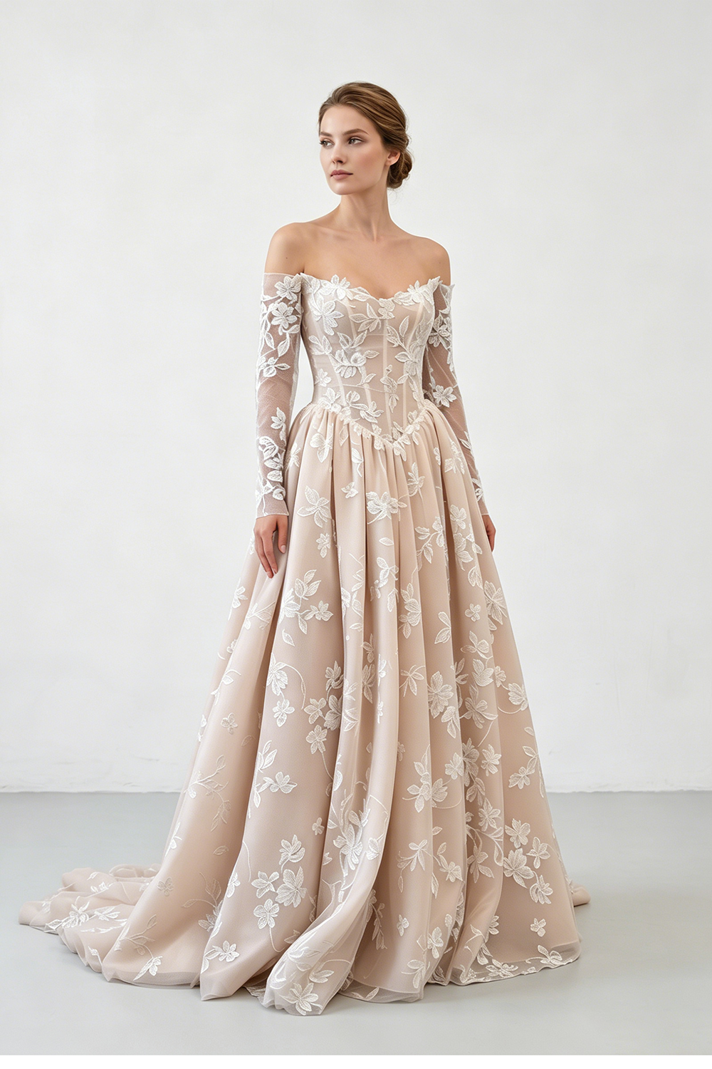 Off-the-Shoulder Long Sleeve Lace Ball Gown Wedding Dress Floral Embroidered Bridal Gown with Train