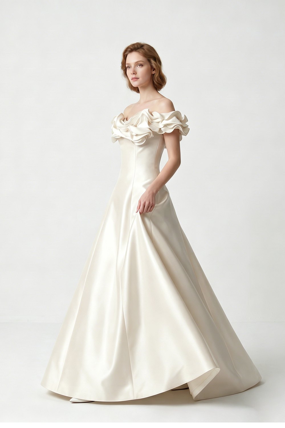 Off-Shoulder Ruffle Satin A-Line Wedding Dress Minimalist Bridal Gown for Modern Brides