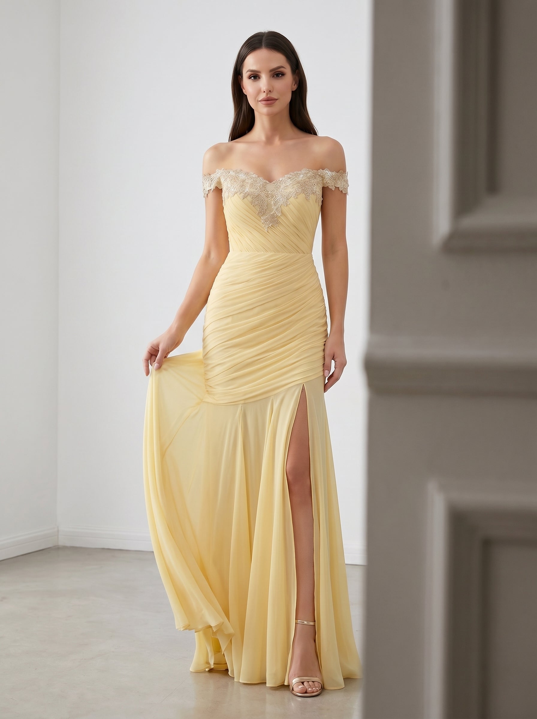 Yellow Off-Shoulder Lace Ruched Chiffon Bridesmaid Dress | Slit Mermaid Formal Gown