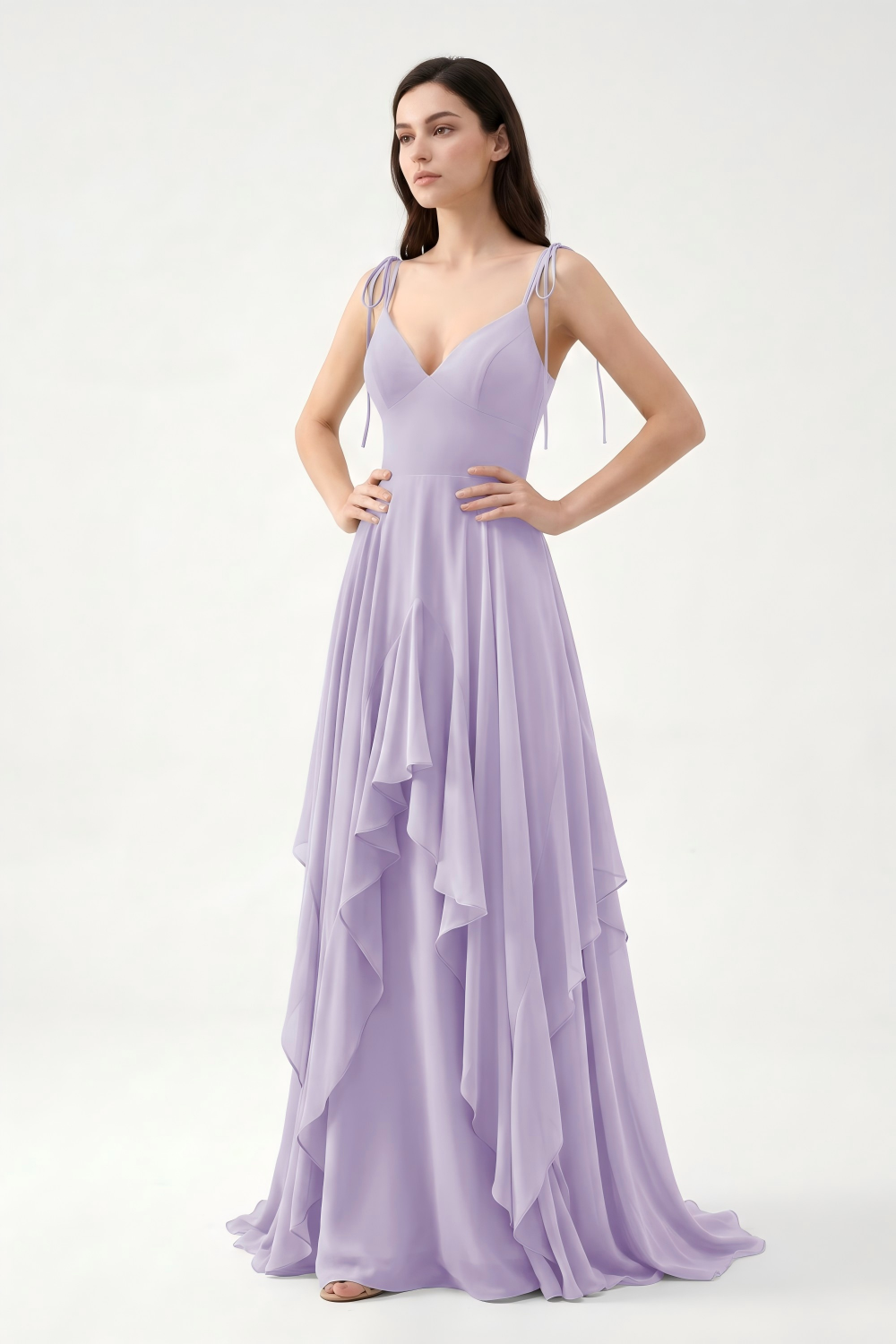 Sage Green Tie-Strap Ruffle Chiffon Bridesmaid Dress | Flowy Formal Gown