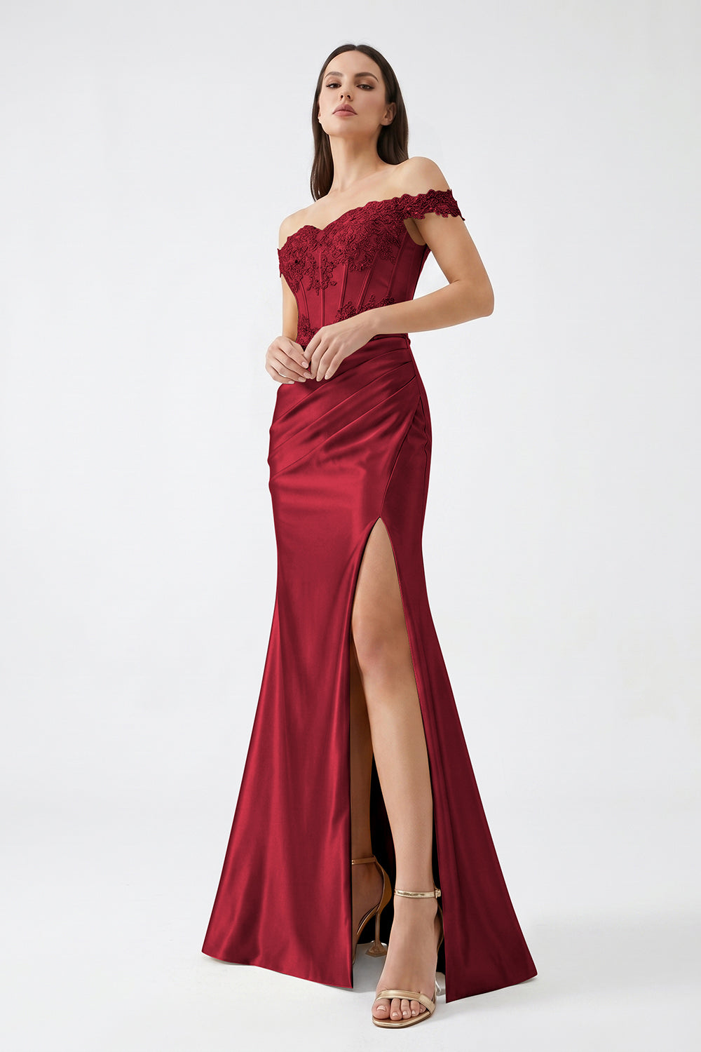 Champagne Off-Shoulder Lace Corset Satin Bridesmaid Dress | Slit Mermaid Formal Gown