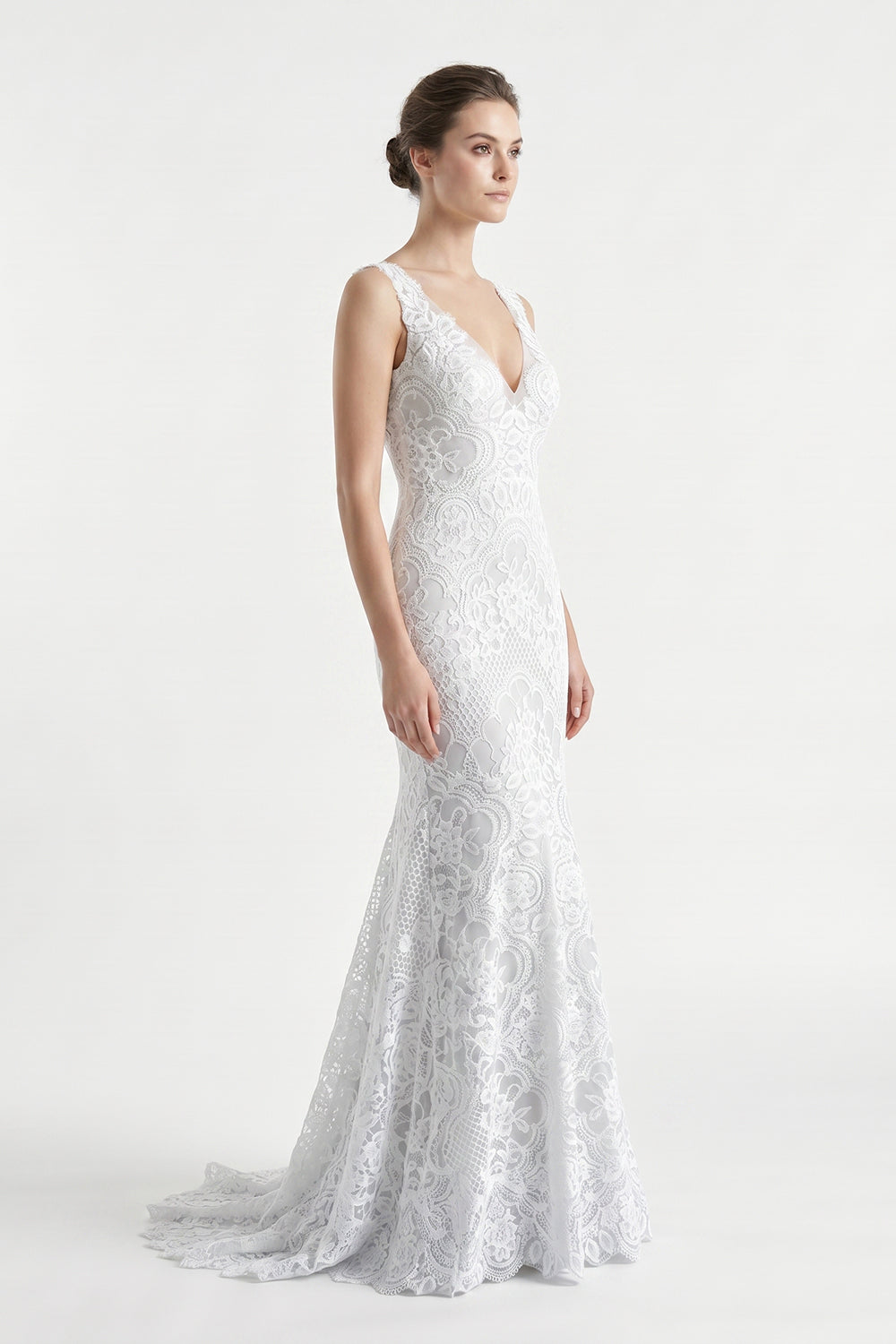 V-Neck Sleeveless Lace Mermaid Wedding Dress Romantic Bridal Gown with Train