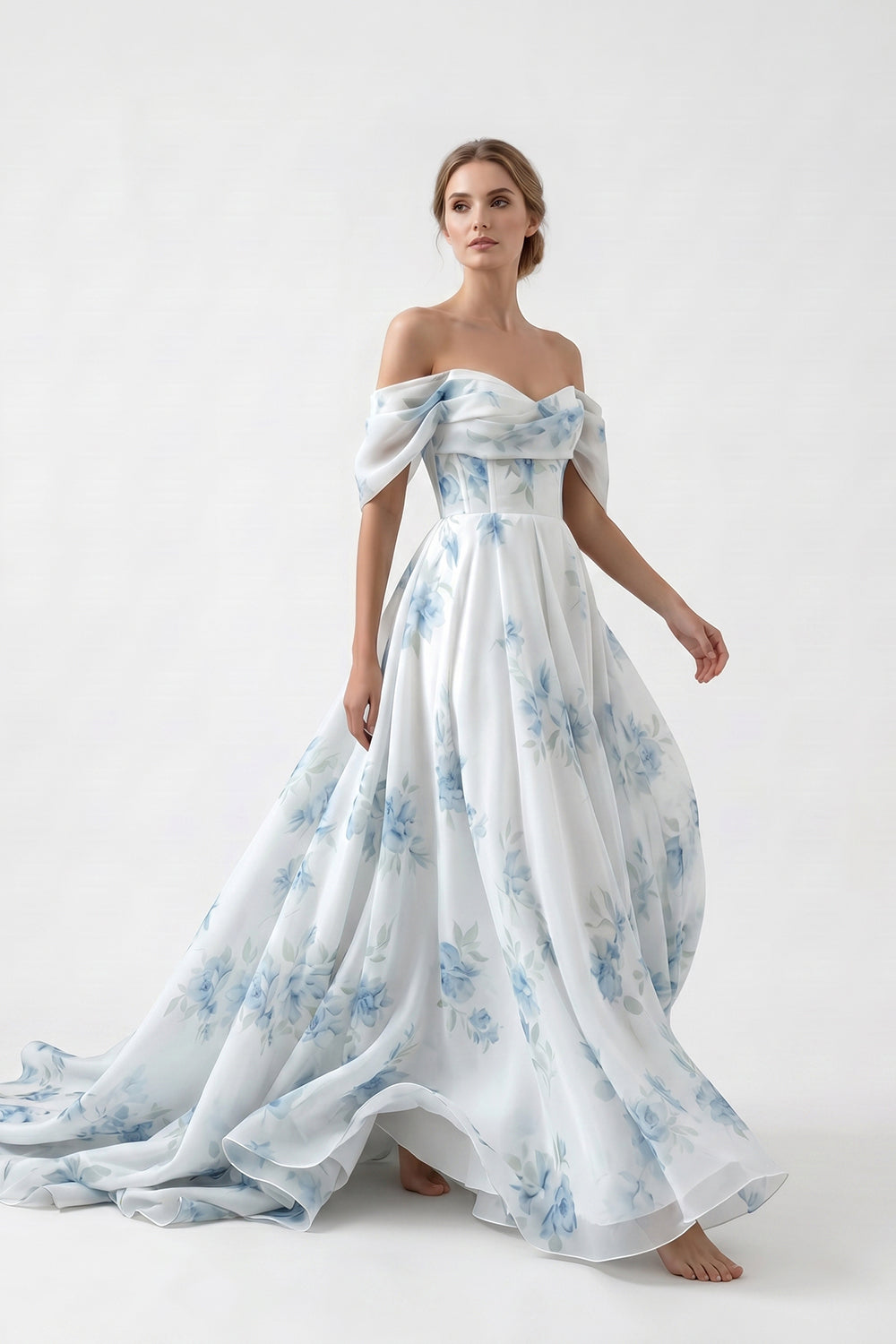 Off-the-Shoulder Blue Floral Print Chiffon Wedding Dress Flowy A-Line Bridal Gown with Train