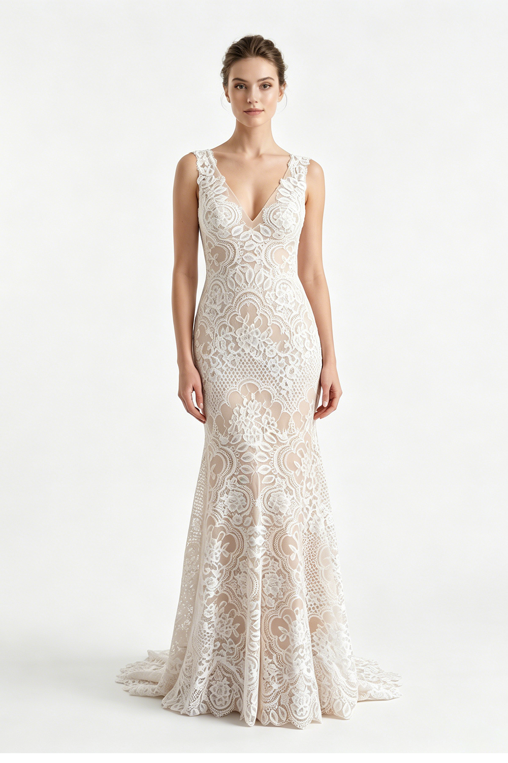 V-Neck Sleeveless Lace Mermaid Wedding Dress Romantic Bridal Gown with Train