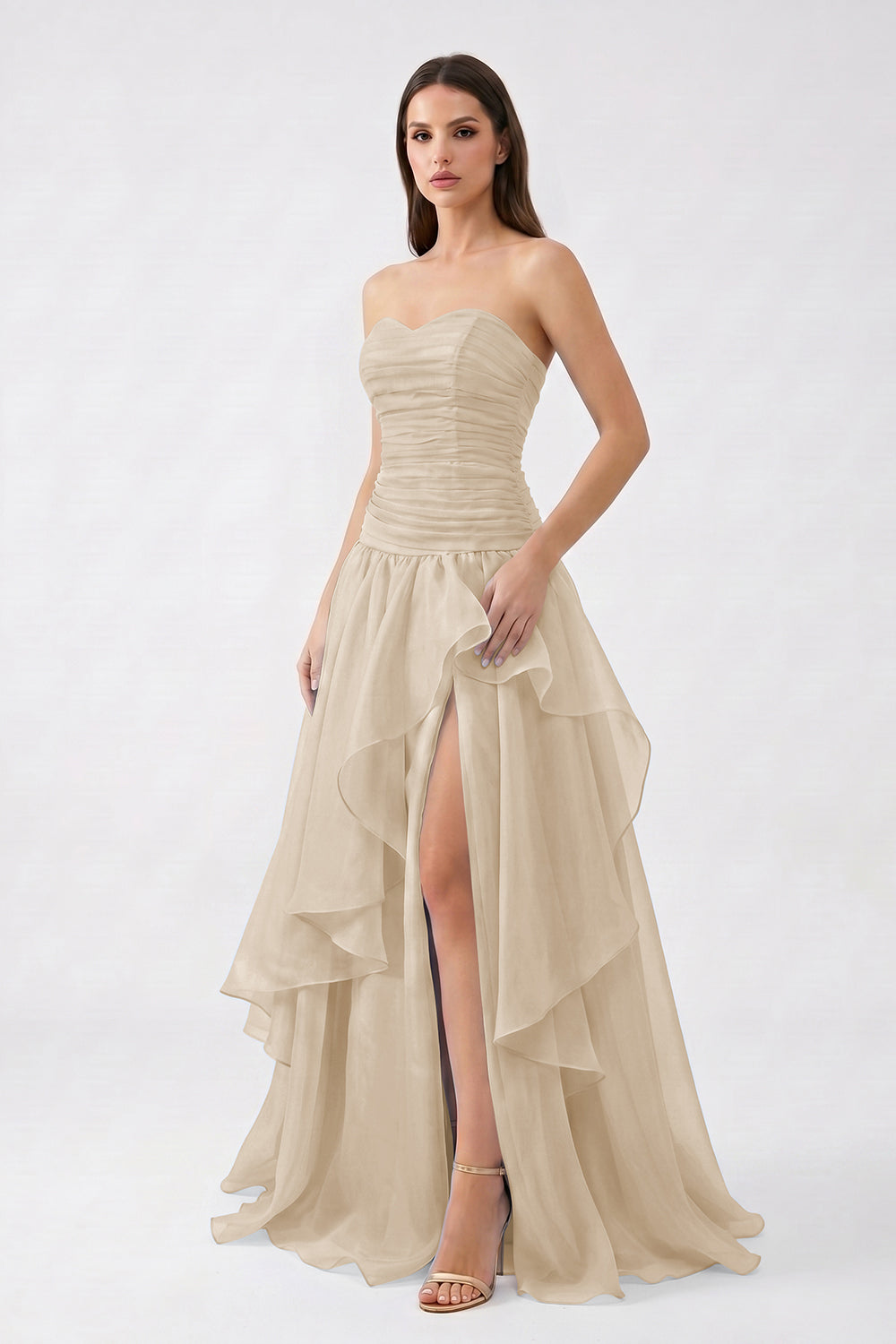 Light Blue Strapless Ruched Chiffon Bridesmaid Dress | Tiered Slit Formal Gown