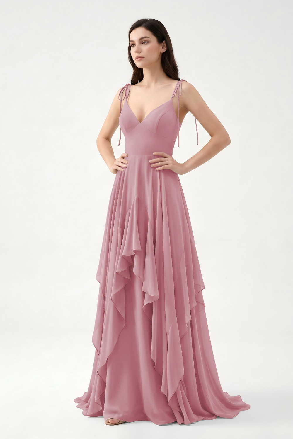 Sage Green Tie-Strap Ruffle Chiffon Bridesmaid Dress | Flowy Formal Gown