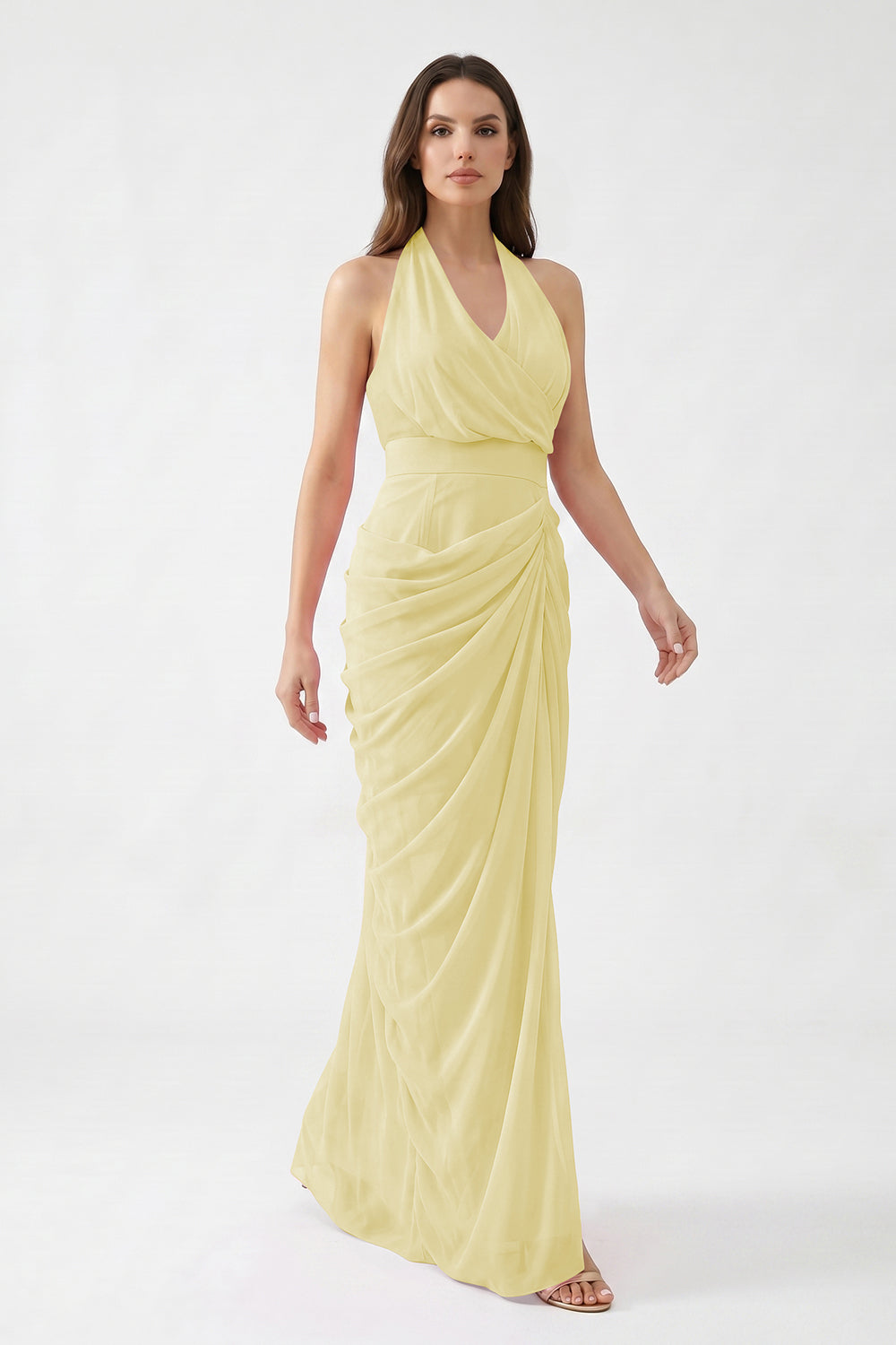 Pink Halter Neck Draped Chiffon Bridesmaid Dress | Formal Evening Gown