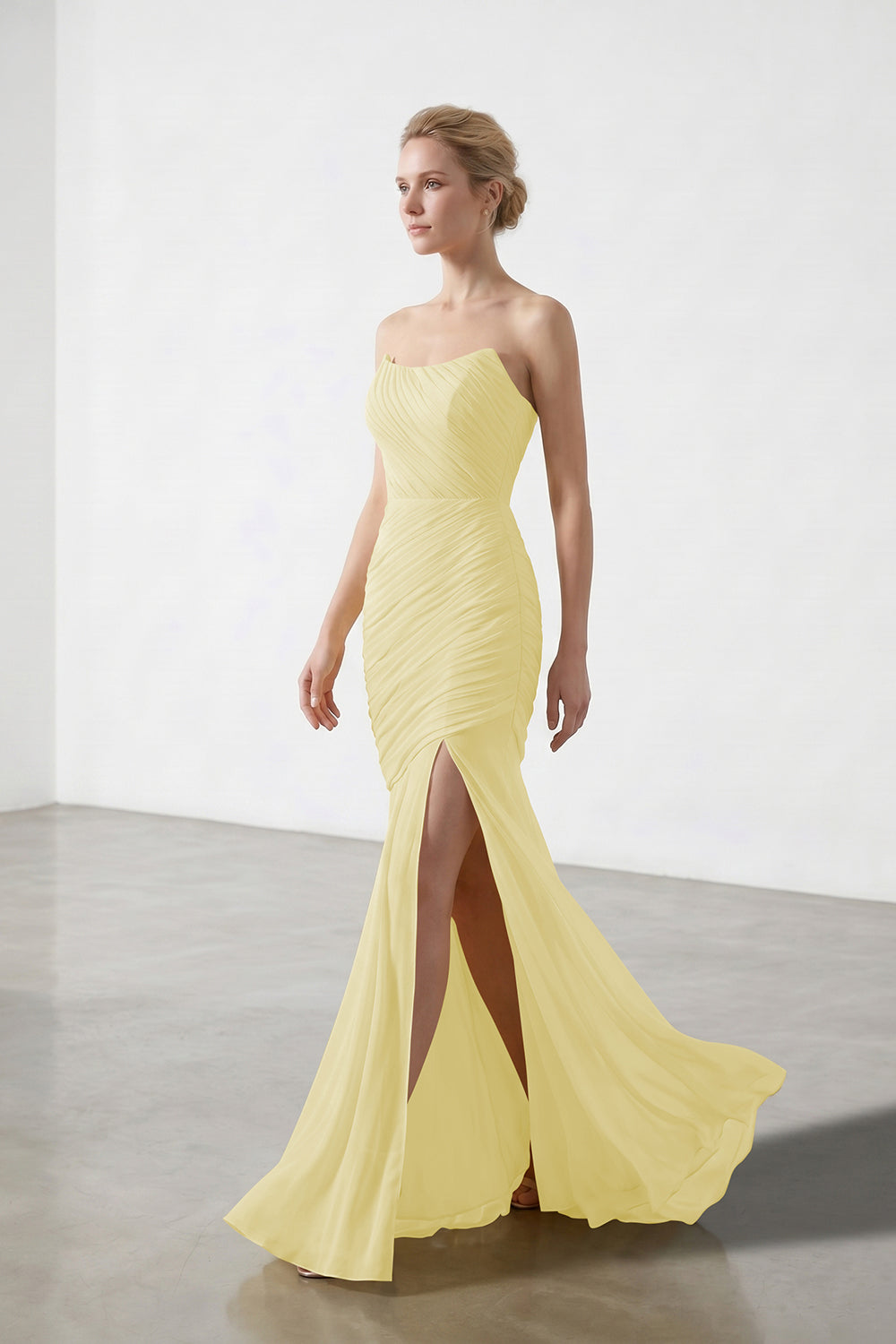 Yellow Strapless Ruched Chiffon Bridesmaid Dress | Slit Mermaid Formal Gown