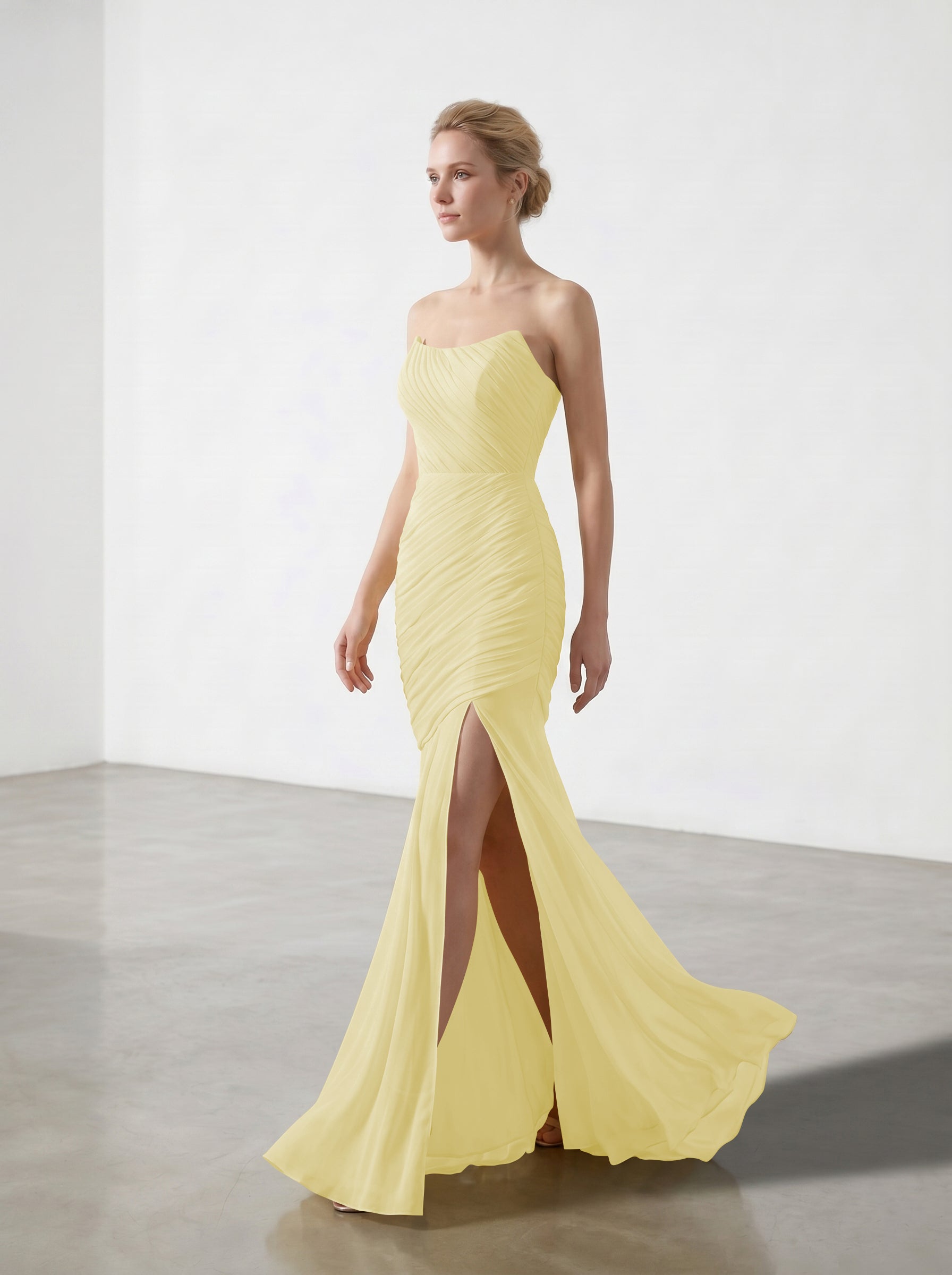 Yellow Strapless Ruched Chiffon Bridesmaid Dress | Slit Mermaid Formal Gown
