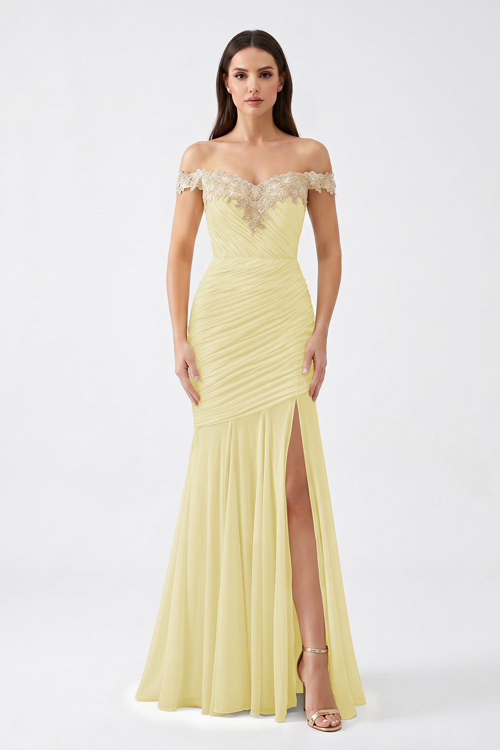 Yellow Off-Shoulder Lace Ruched Chiffon Bridesmaid Dress | Slit Mermaid Formal Gown