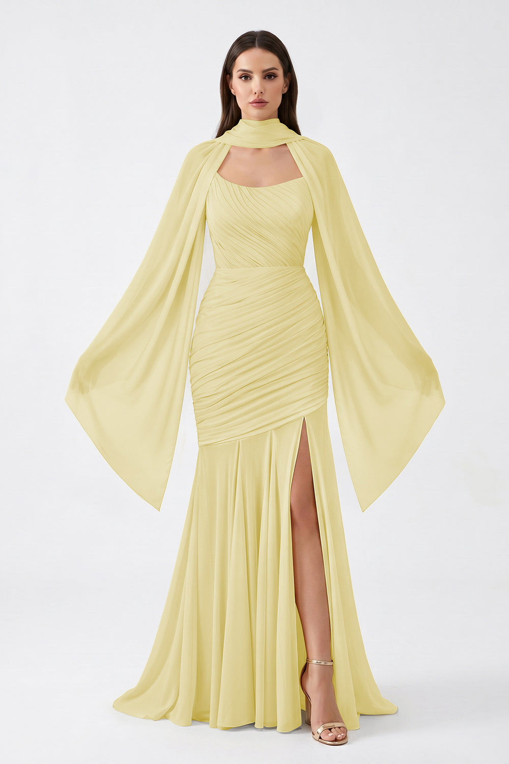 Yellow Cape Sleeve Ruched Chiffon Bridesmaid Dress | Slit Mermaid Formal Gown