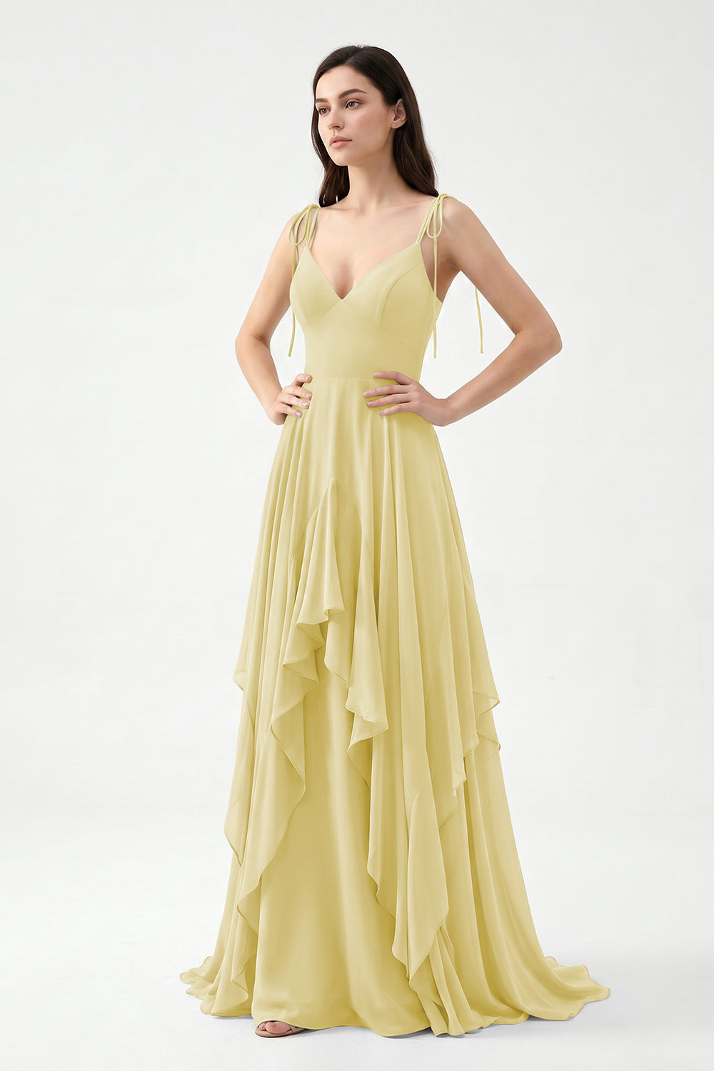 Sage Green Tie-Strap Ruffle Chiffon Bridesmaid Dress | Flowy Formal Gown