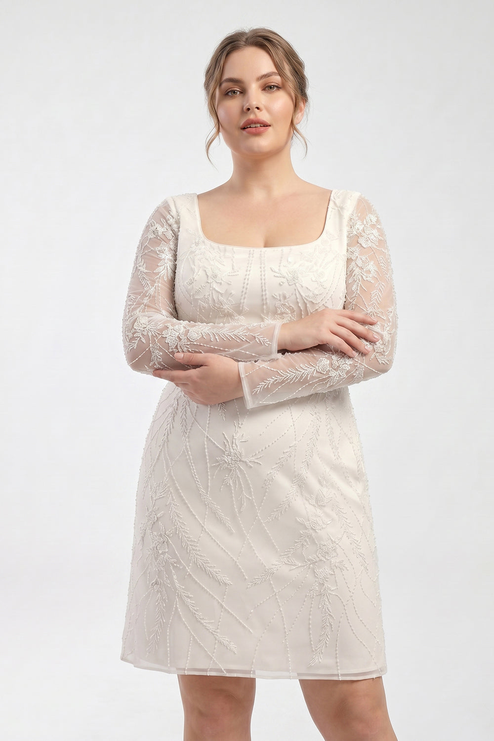 Plus Size Long Sleeve Lace Short Wedding Dress Beaded Bridal Reception Dress