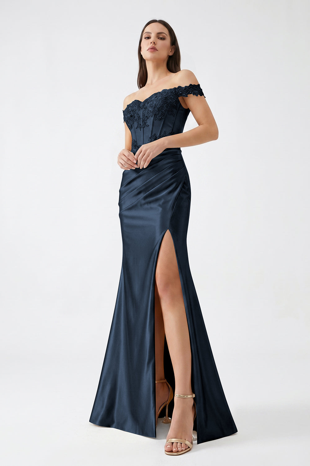 Champagne Off-Shoulder Lace Corset Satin Bridesmaid Dress | Slit Mermaid Formal Gown