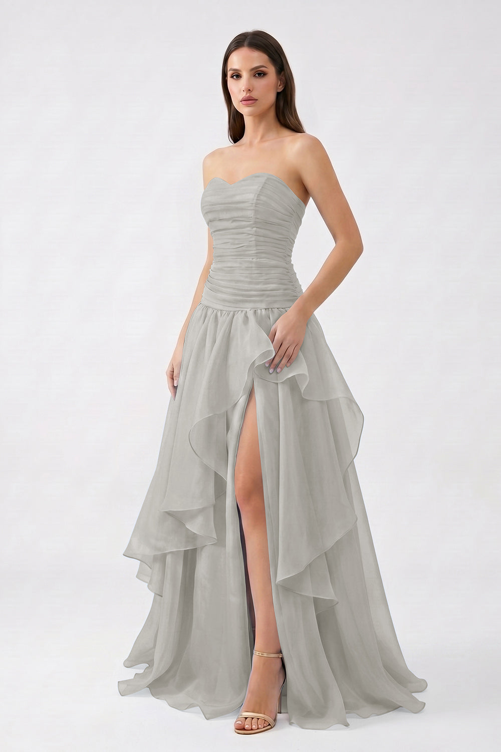 Light Blue Strapless Ruched Chiffon Bridesmaid Dress | Tiered Slit Formal Gown