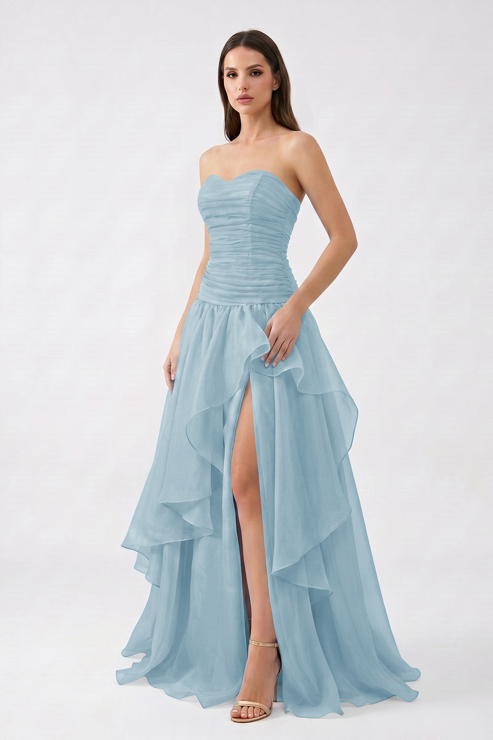 Light Blue Strapless Ruched Chiffon Bridesmaid Dress | Tiered Slit Formal Gown