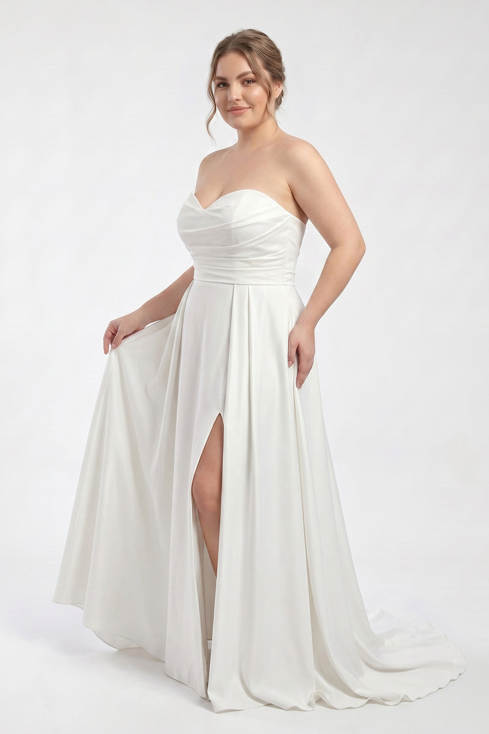 Plus Size Strapless Sweetheart Satin Wedding Dress | A-Line Bridal Gown with Slit & Train