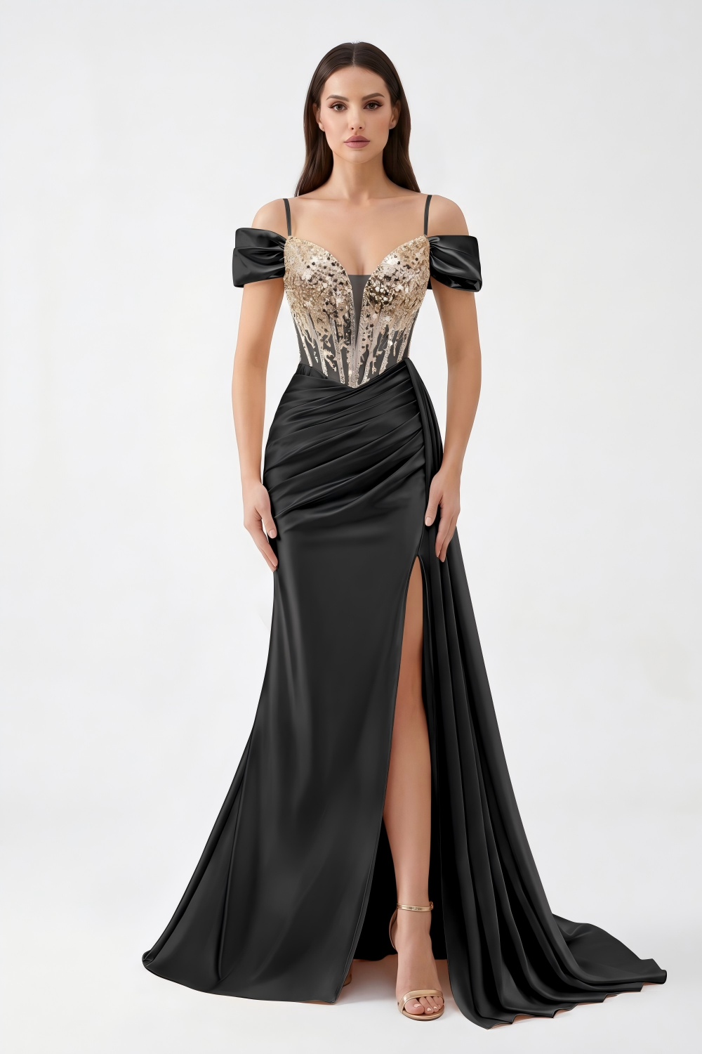 Beaded Corset Satin Mermaid Evening Gown - Off-Shoulder & High Slit
