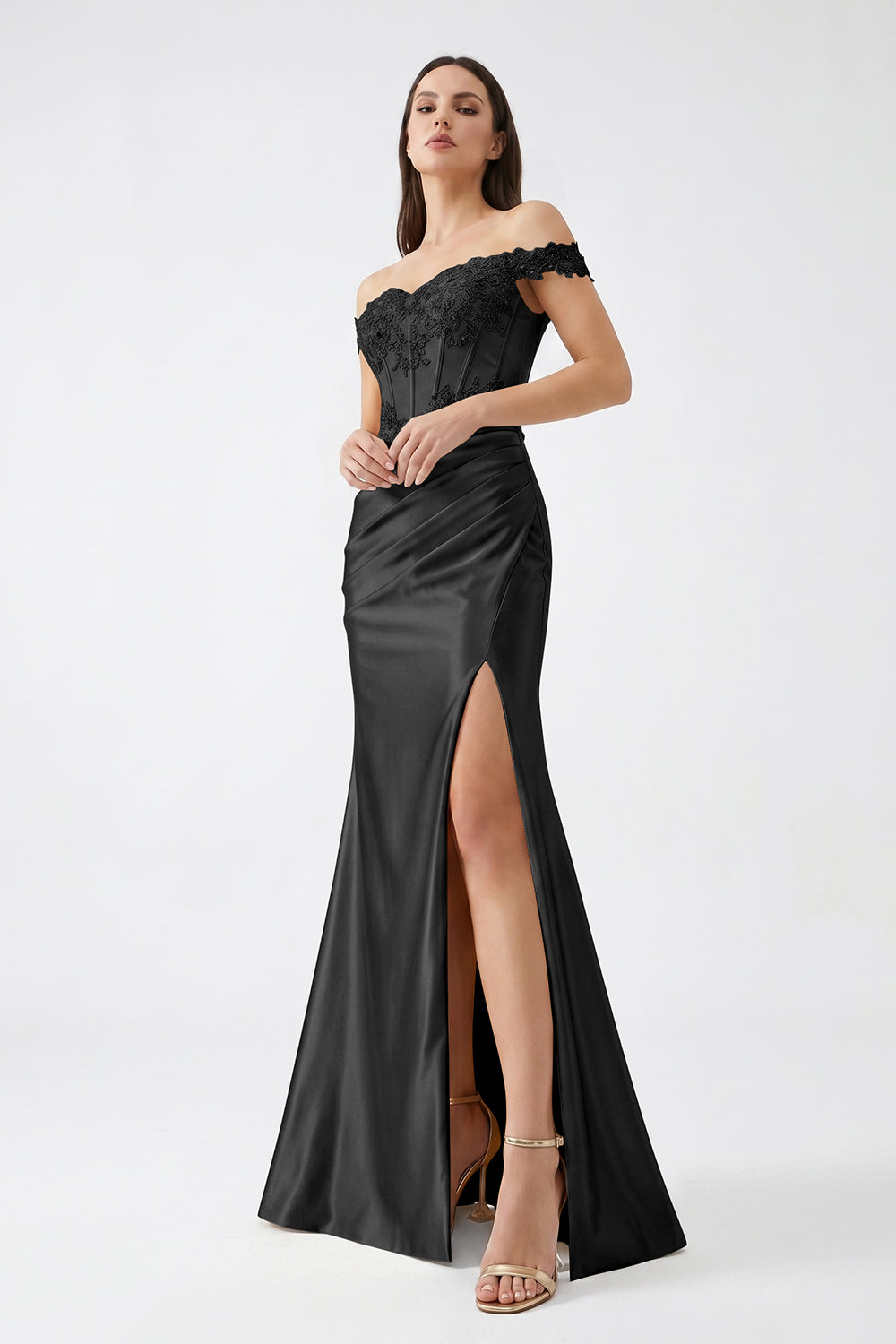 Champagne Off-Shoulder Lace Corset Satin Bridesmaid Dress | Slit Mermaid Formal Gown