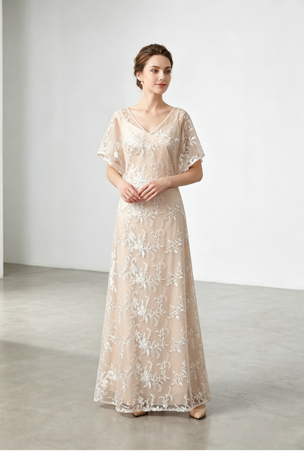 V-Neck Floral Embroidered Tulle Wedding Dress | Short Sleeve Sheath Bridal Gown