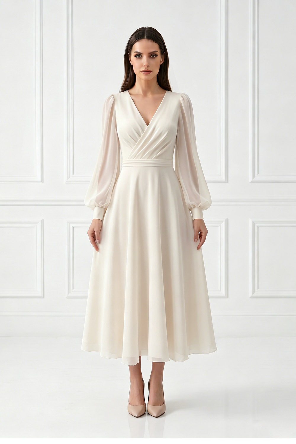 Long Sheer Sleeve White Chiffon Midi Bridal Dress | V-Neck A-Line Wedding Gown