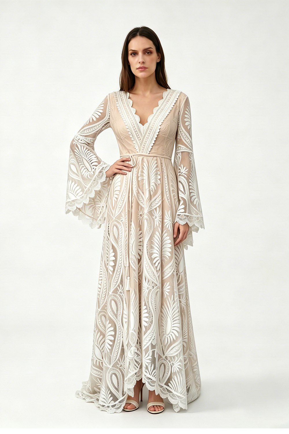 Bohemian Lace Bell Sleeve Wedding Dress | V-Neck A-Line Bridal Gown with Train