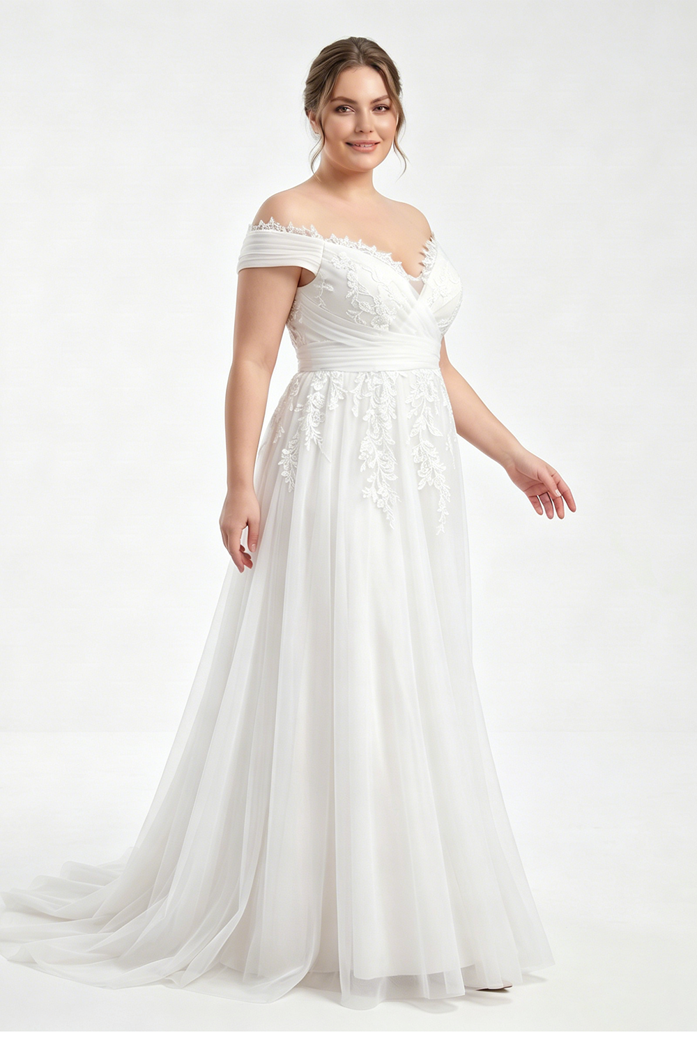 Plus Size Off-the-Shoulder Lace Tulle A-Line Wedding Dress | Nude Bridal Gown with Train