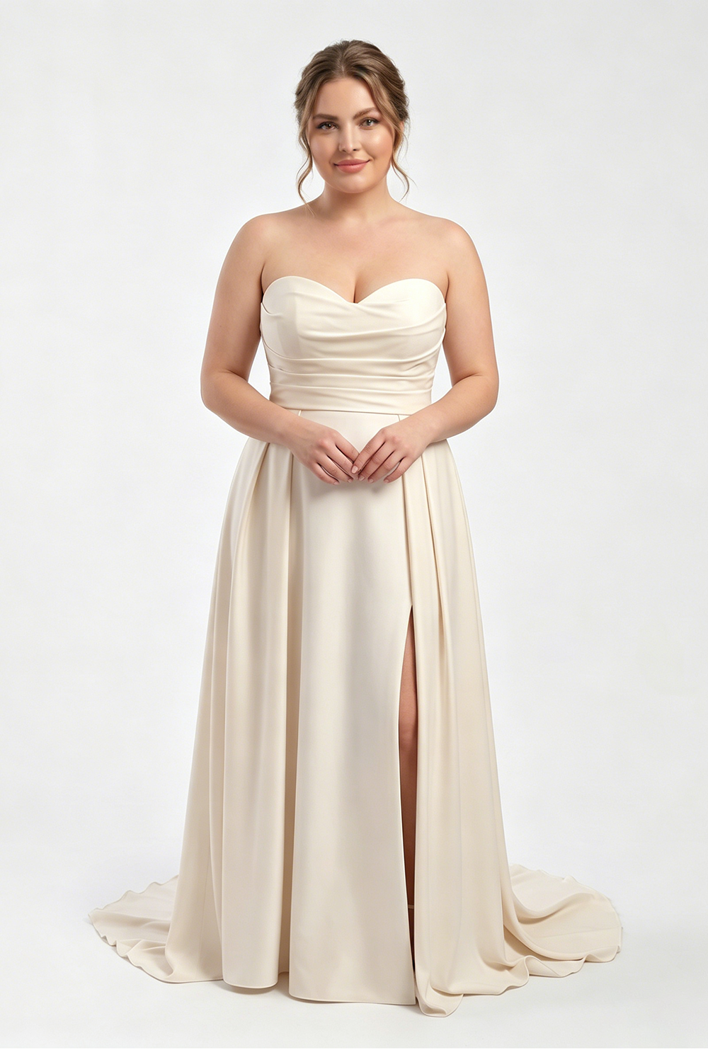 Plus Size Strapless Sweetheart Satin Wedding Dress | A-Line Bridal Gown with Slit & Train