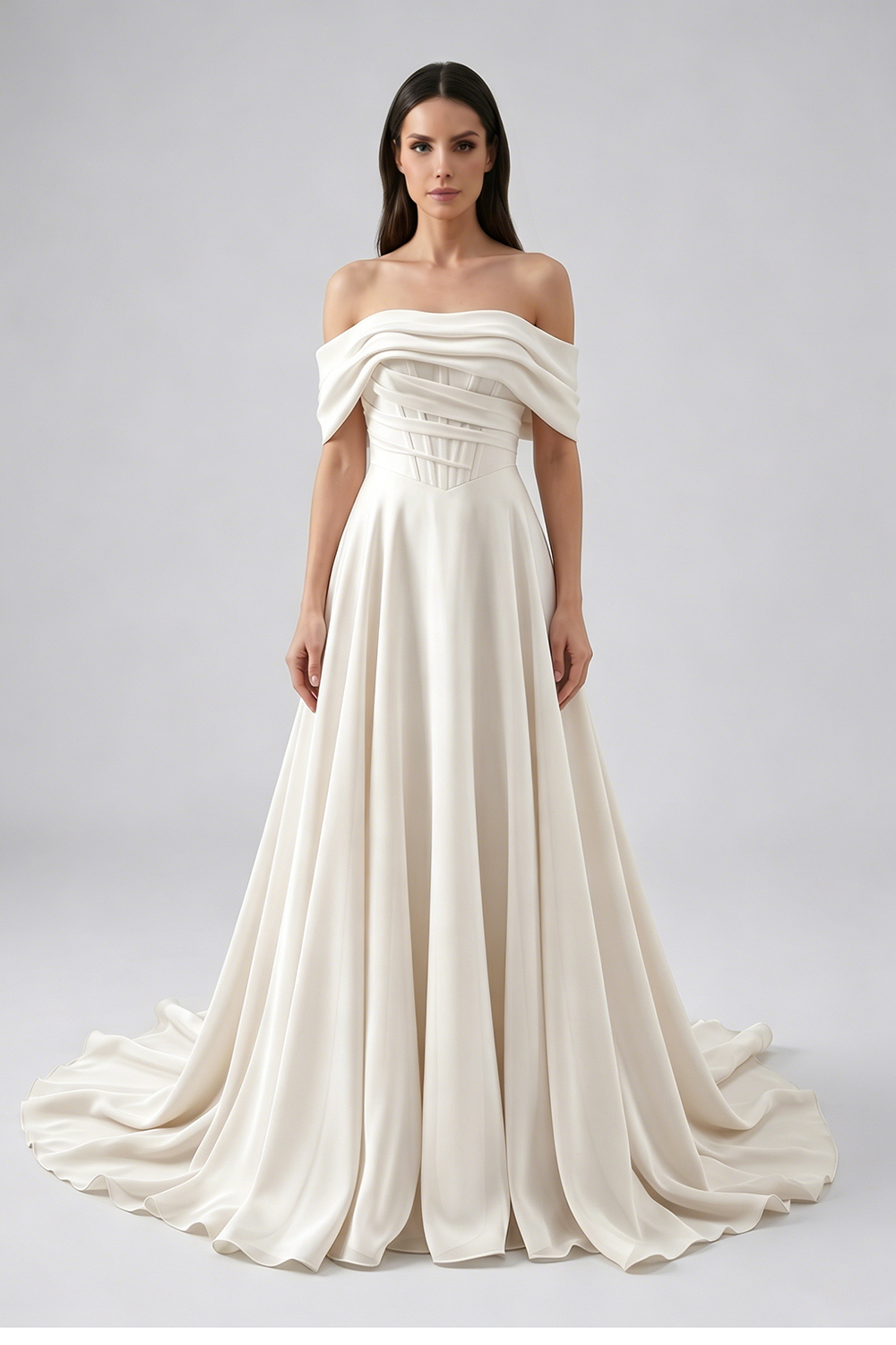 Off-the-Shoulder Chiffon A-Line Wedding Dress | Corset Bodice Bridal Gown with Train