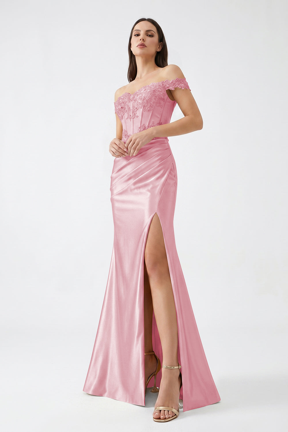 Champagne Off-Shoulder Lace Corset Satin Bridesmaid Dress | Slit Mermaid Formal Gown