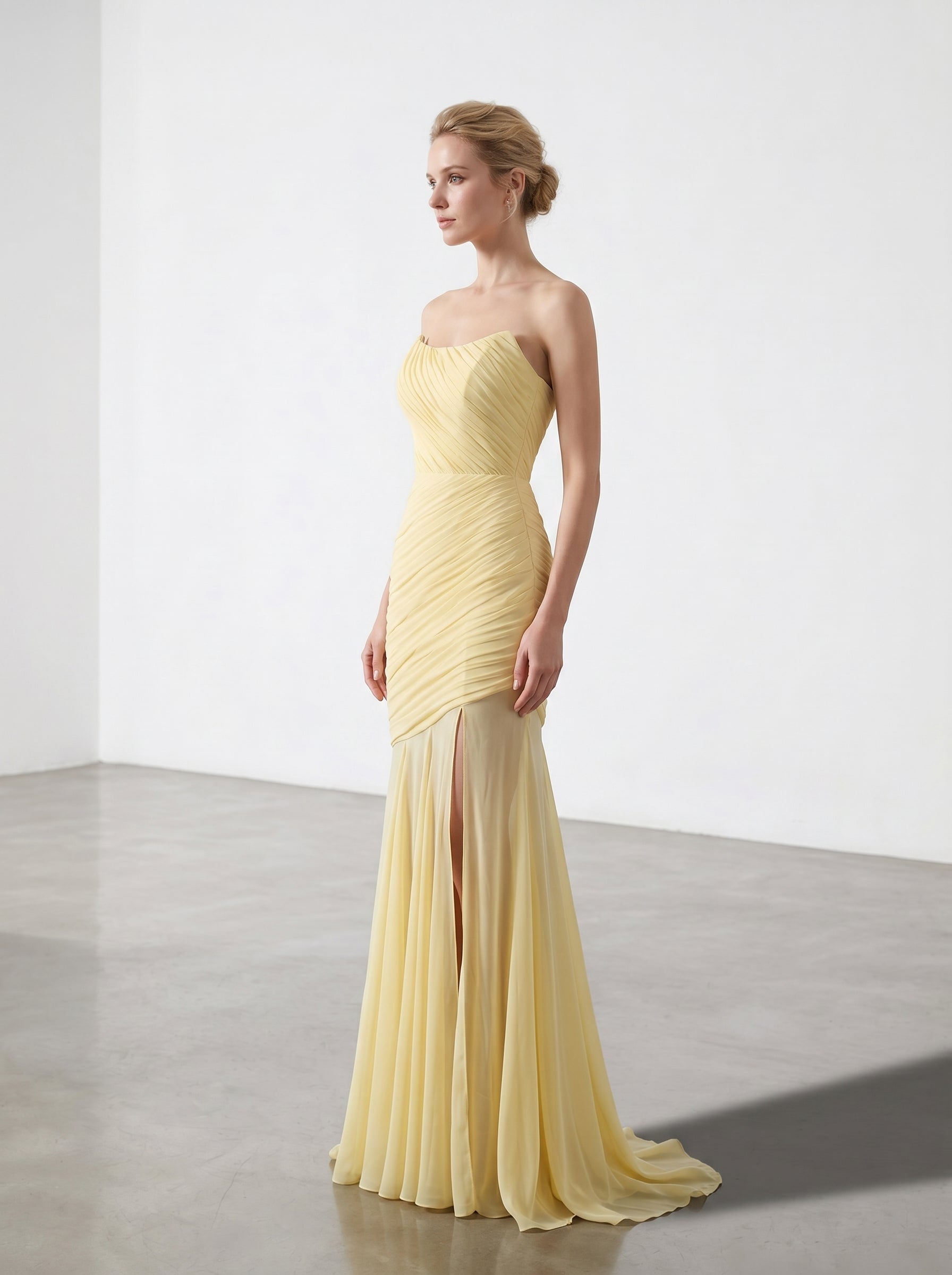 Yellow Strapless Ruched Chiffon Bridesmaid Dress | Slit Mermaid Formal Gown