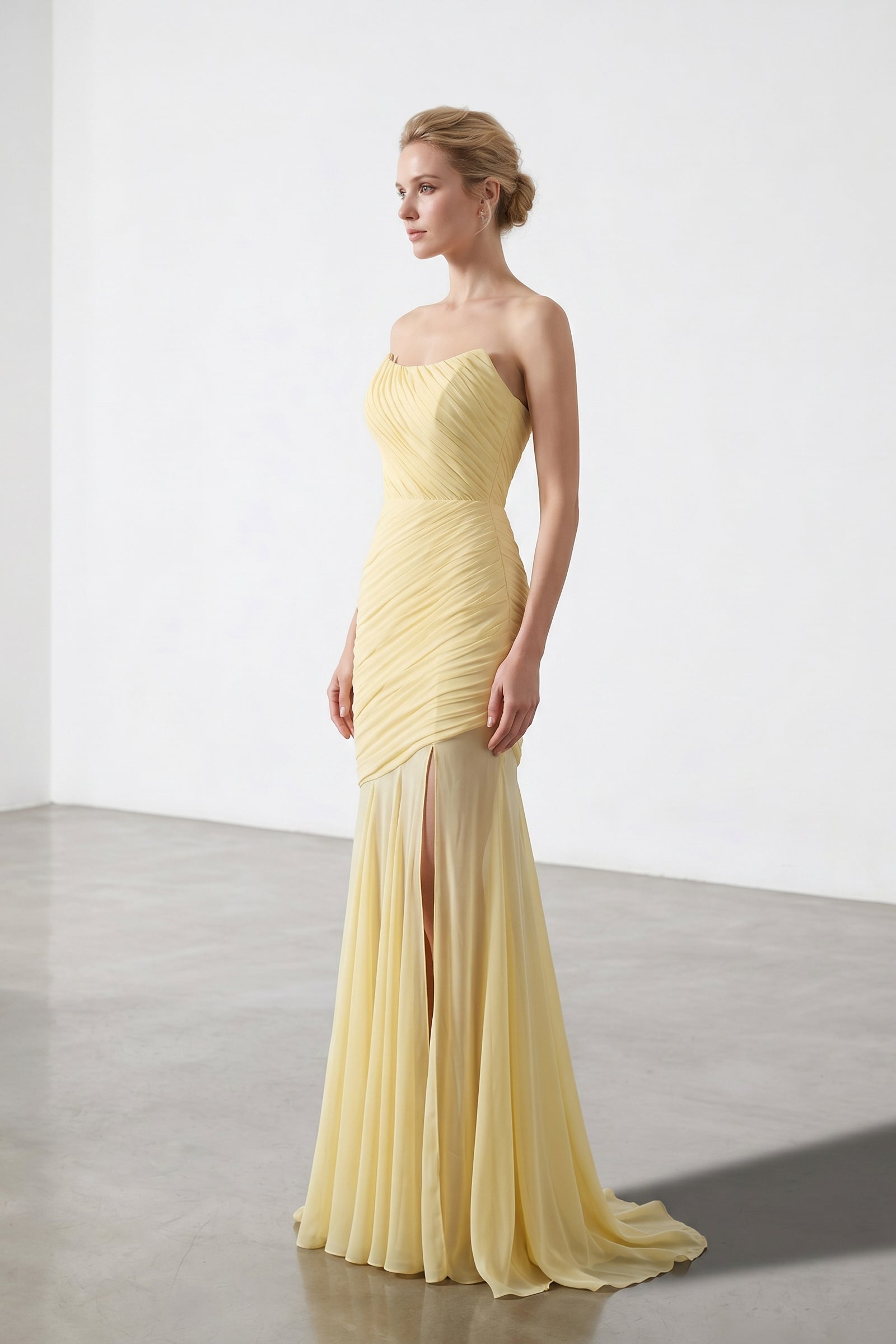 Yellow Strapless Ruched Chiffon Bridesmaid Dress | Slit Mermaid Formal Gown