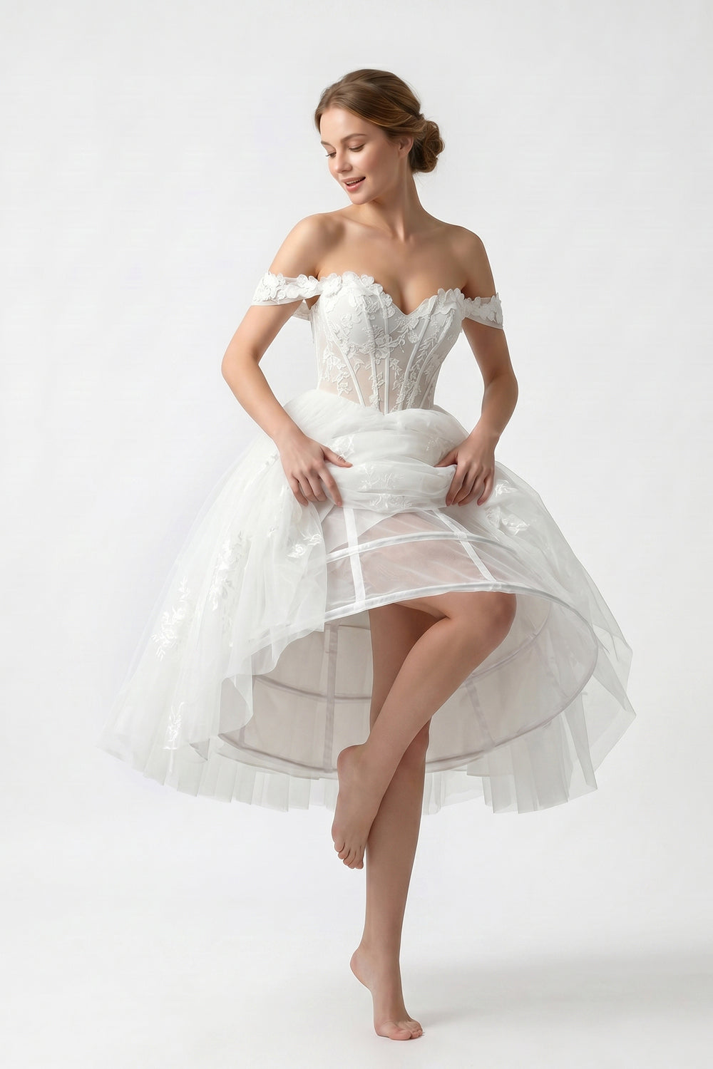 Off-the-Shoulder Lace Corset Tea-Length Wedding Dress | Retro Tulle Bridal Gown
