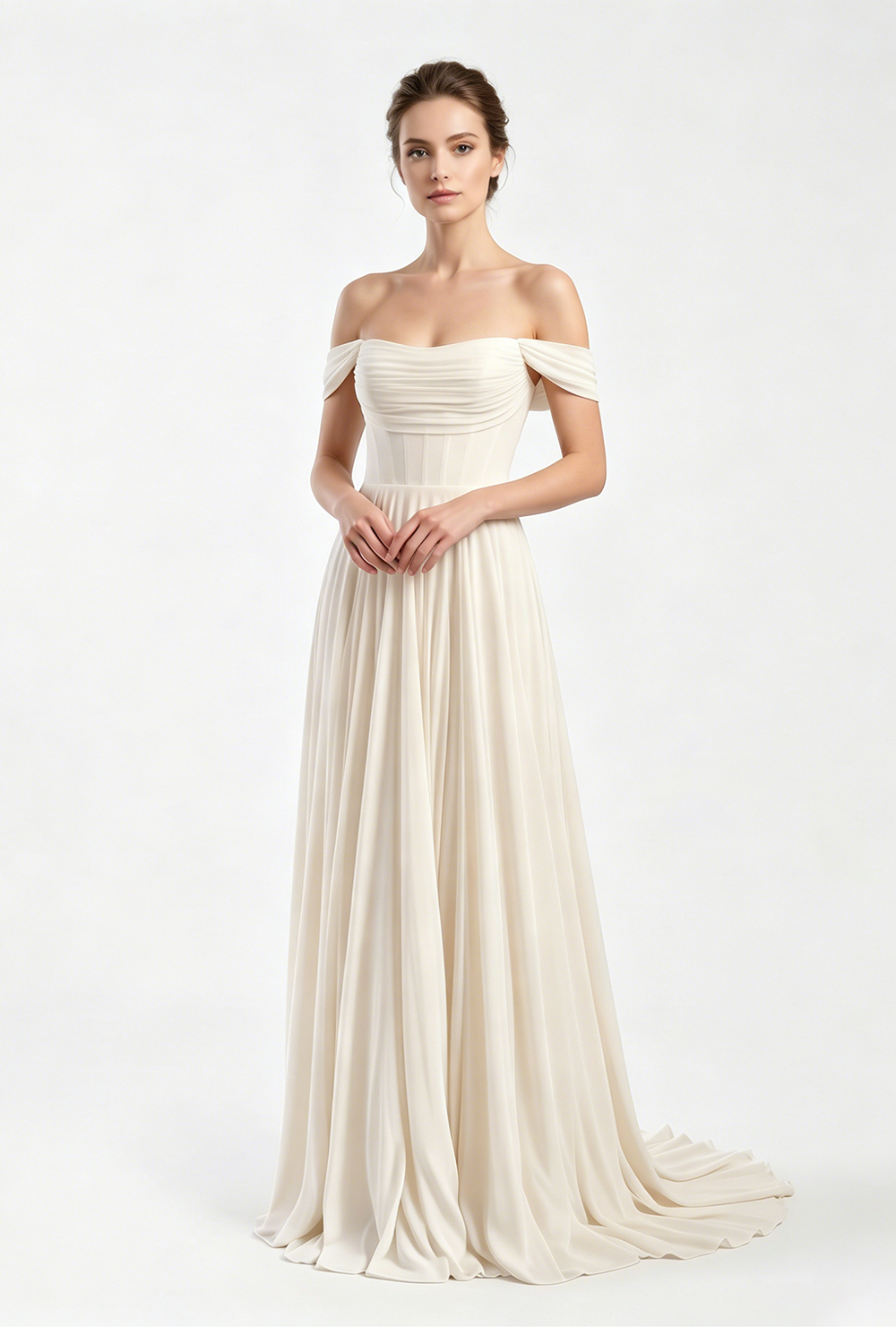 Off-the-Shoulder Corset Chiffon Wedding Dress Flowy A-Line Bridal Gown with Train