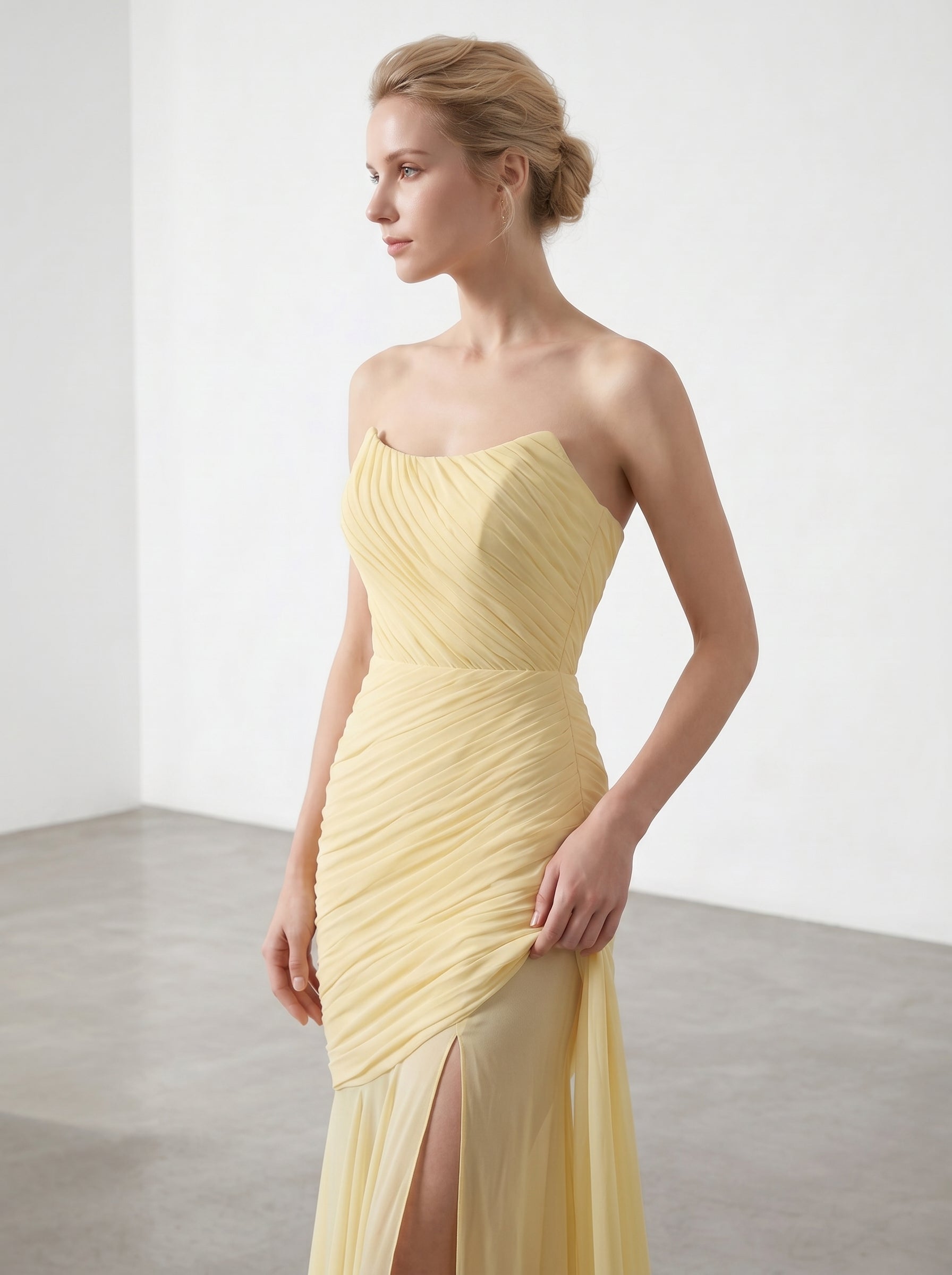 Yellow Strapless Ruched Chiffon Bridesmaid Dress | Slit Mermaid Formal Gown