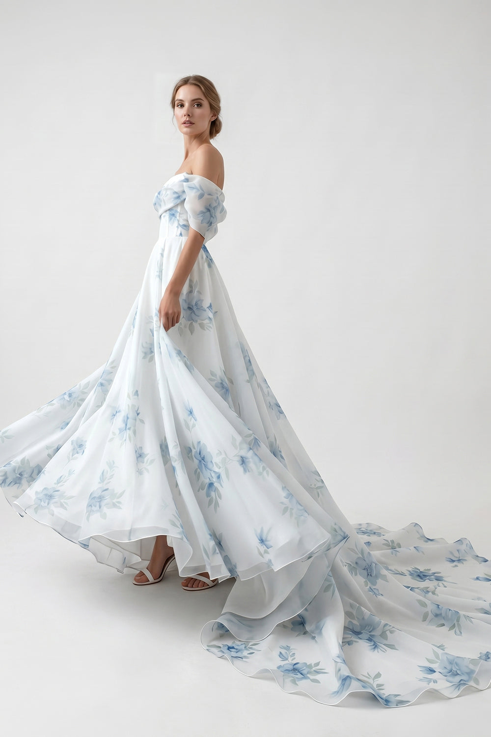 Off-the-Shoulder Blue Floral Print Chiffon Wedding Dress Flowy A-Line Bridal Gown with Train